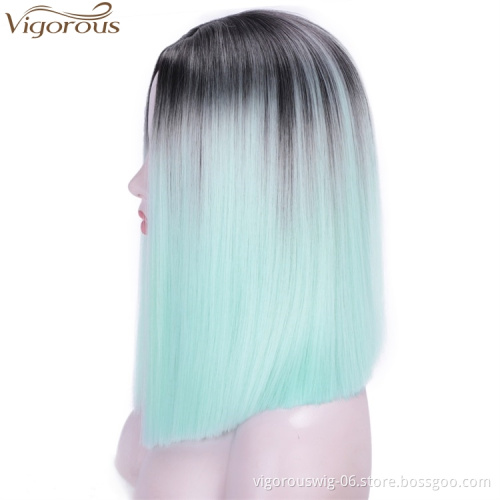Vigorous 14 inches Short Straight Bob Wig 2 Tone Ombre Green Middle Part Heat Resistant Synthetic Cosplay Daily Use For Women